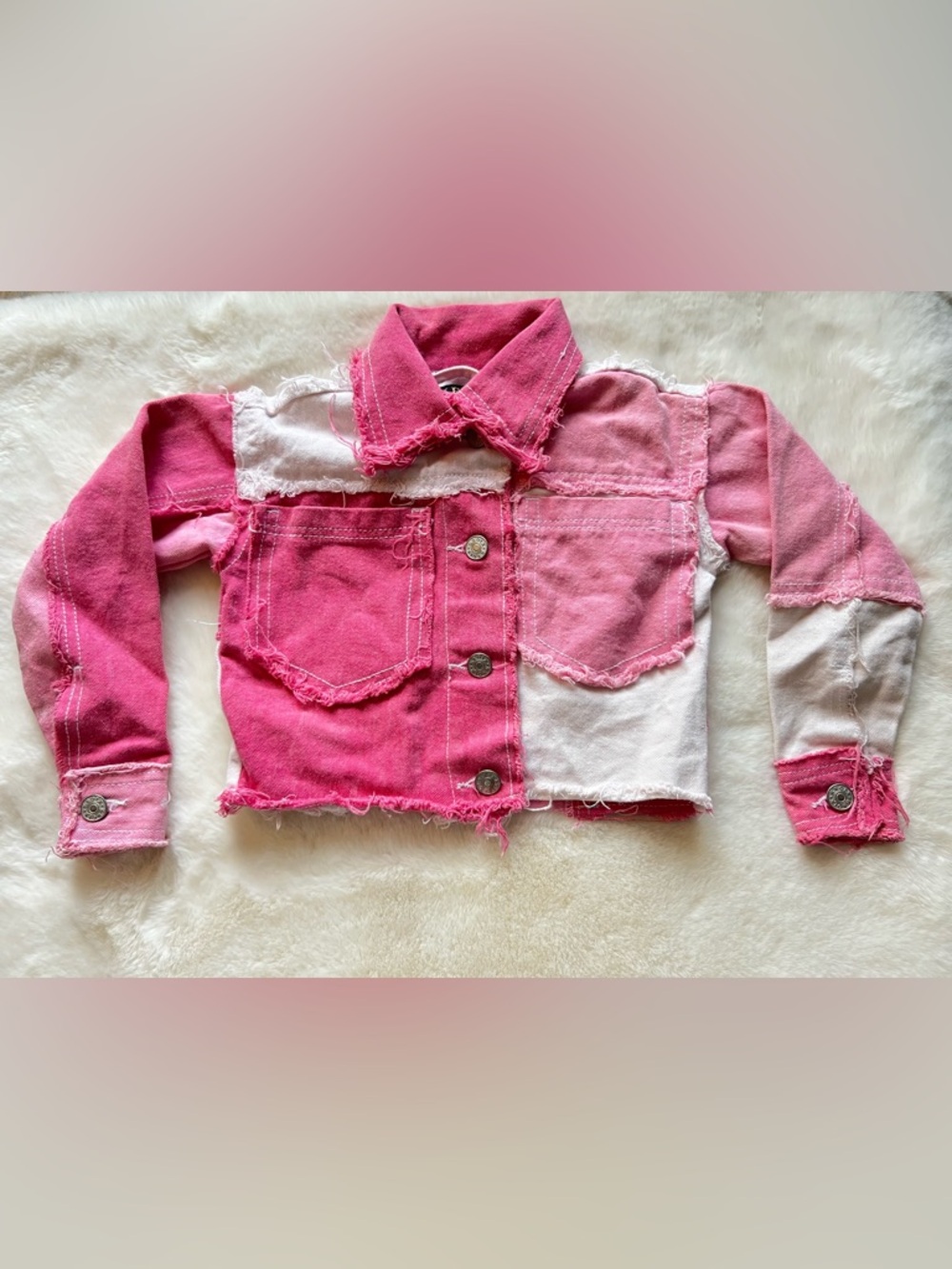 Girls Patchwork Denim Jacket Pink White Distressed Raw Hem Boutique Style Size 5